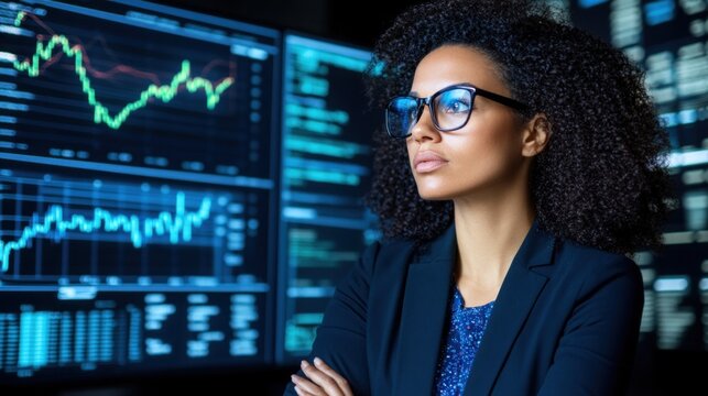 A focused business professional examines financial data displayed on multiple screens, showcasing market trends in a contemporary office environment during dusk