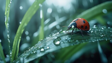 Obraz premium Macro Shot of Intense Red Ladybug on Dewy Leaf