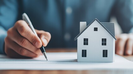 Close up view of hands signing mortgage papers with a miniature house model representing the mortgage loan affordability concept for first time home buyers