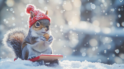Squirrel with red hat holding nut in snow, winter holiday scene, woodland animal portrait, Christmas greeting, festive winter wonderland