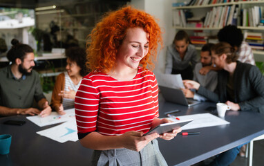 Happy coworker startup people working and having meeting with friendly diverse colleagues in office.