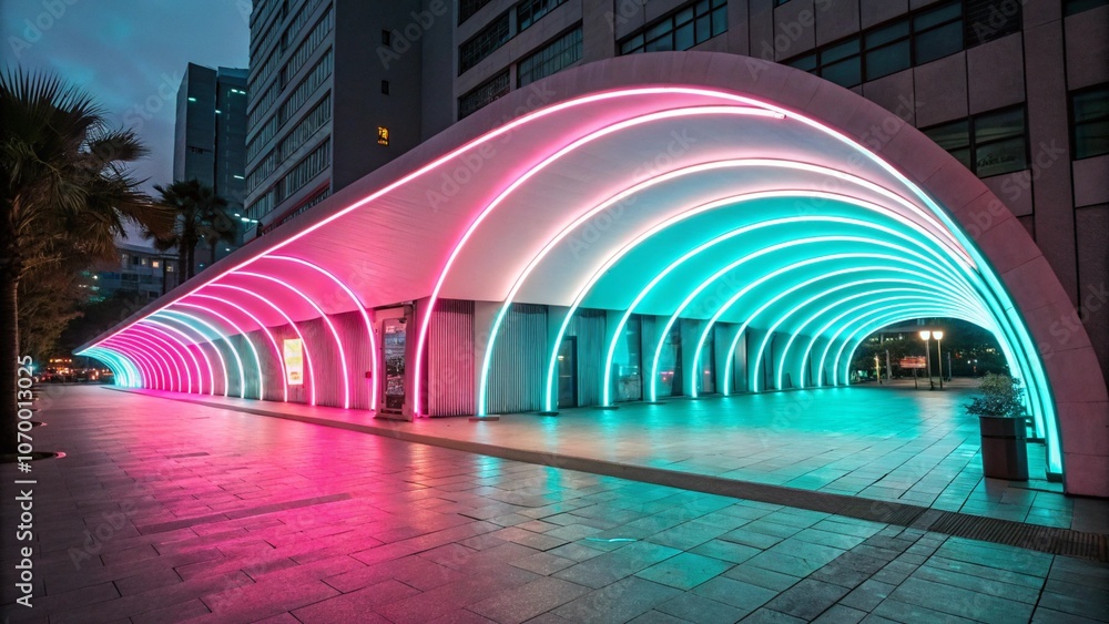 Poster luminous flowing shapes. bright gradients in pink and turquoise. soft curves merging into abstract d