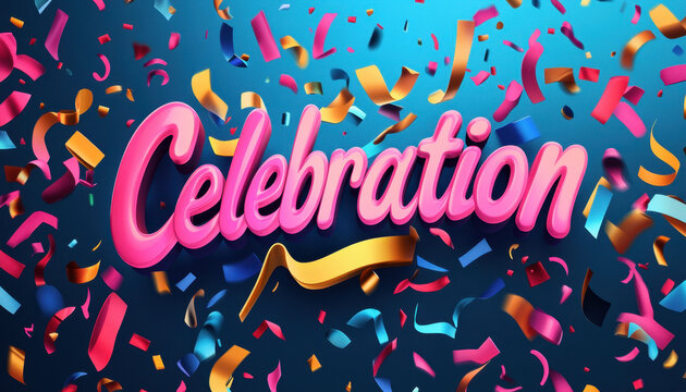 Colorful confetti and a bold 'Celebration' text convey a festive and joyful mood against a vibrant blue background.