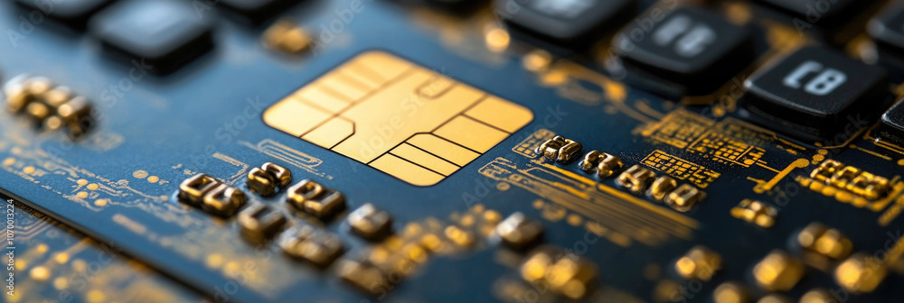 Poster the close-up displays a gold chip embedded in a black circuit board, highlighting complex circuitry 