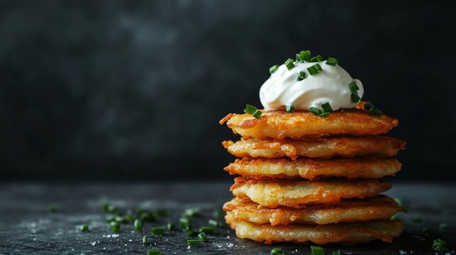 Stack of latkes with a dollop of sour cream and chives on a dark gray background, with festive accents