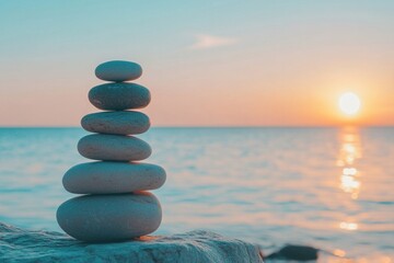Balanced stones at sunset by the sea shore for tranquil meditation