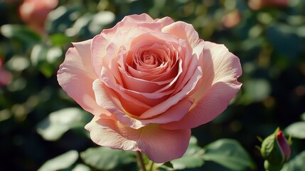 Delicate pink rose blooming in a garden during late spring sunshine