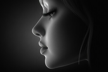 A captivating side profile of a face, showcasing smooth skin and delicate features against a dark background, This image can be used for beauty, fashion, or artistic projects,