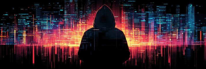 A person wearing a hooded sweatshirt overlooks a glowing city filled with bright digital lights and patterns during the night, creating an enigmatic vibe