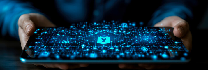 A tablet in someone's hands shows a vibrant digital network with a lock icon, highlighting the importance of cybersecurity and data protection