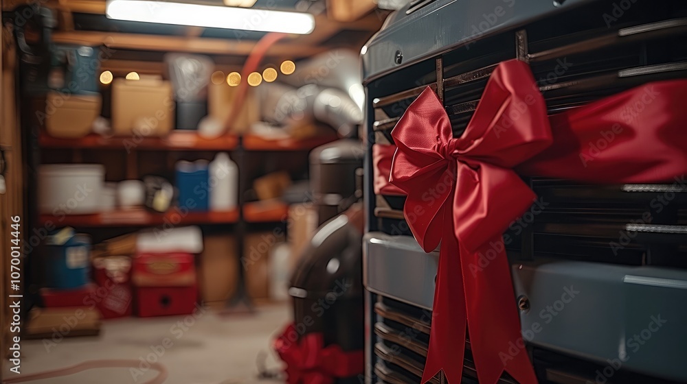 Poster an hvac furnace in basement with a red bow on it.