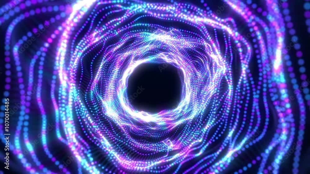 Poster digital futuristic particle tunnel with wave energy or travel through time and save at high speed wh