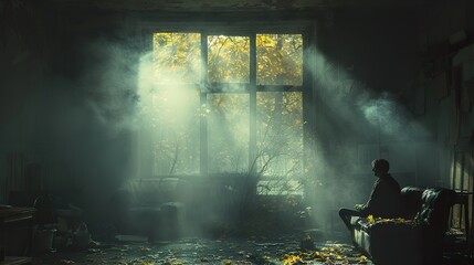 A Man Sitting in a Sunlit Room of an Abandoned Building