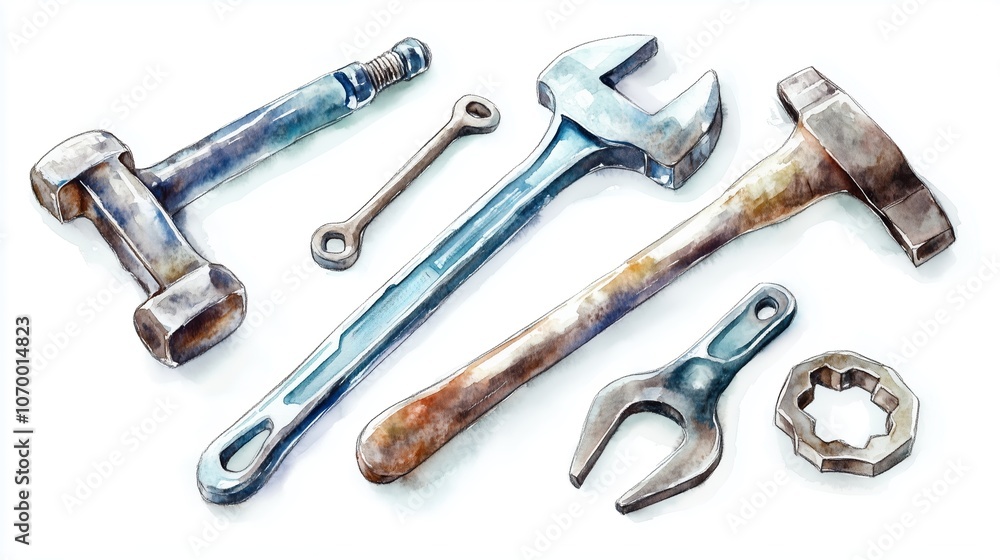 Poster various hand tools arranged on a white background highlighting their unique shapes and materials use