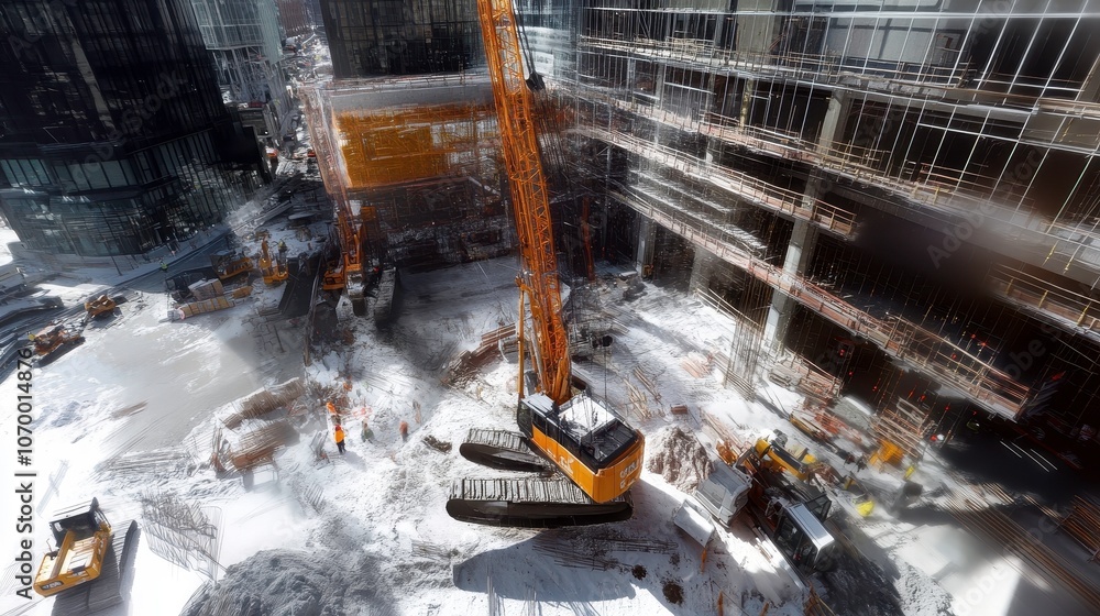 Poster urban construction site featuring heavy machinery and cranes in action, surrounded by snow. scene ca