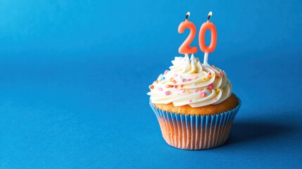Birthday cupcake with 20 candle on blue background