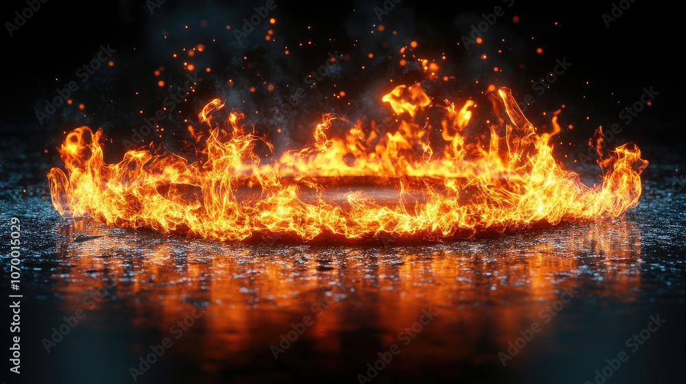 Poster Flames form a stunning circular pattern above a wet surface, reflecting a beautiful array of colors as they flicker and sway