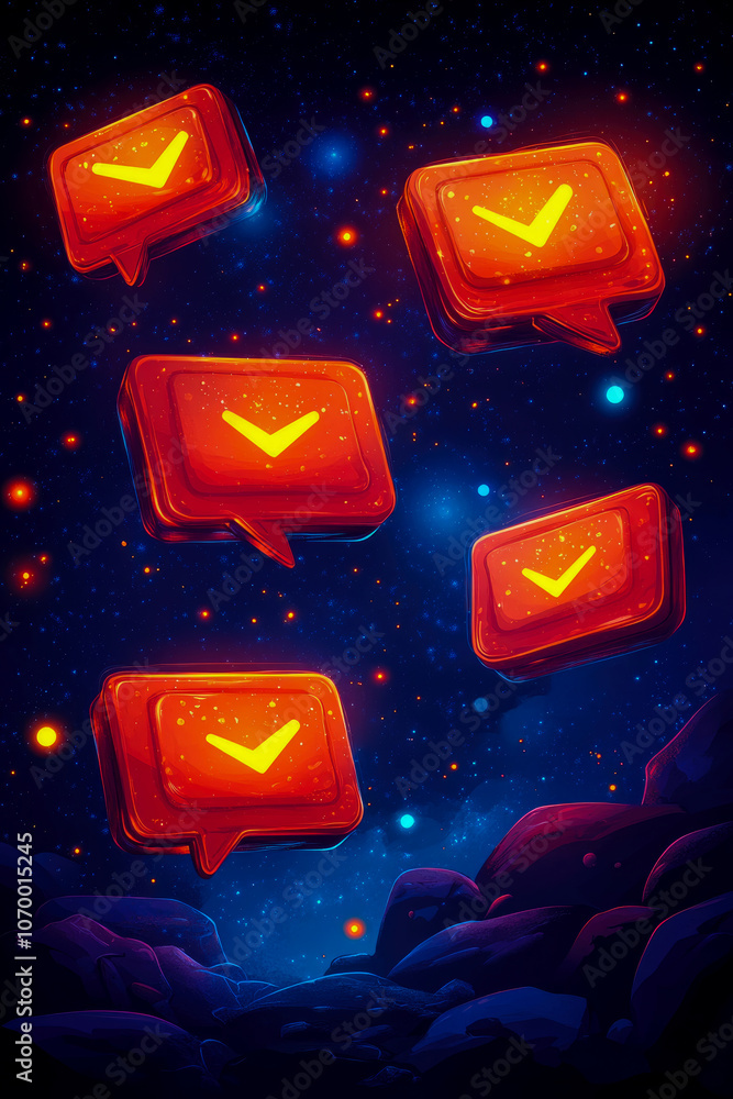 Poster vivid digital notifications appear against a dark cosmic backdrop, adding a touch of excitement to t
