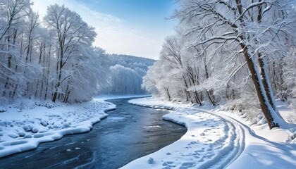 Obraz premium Serene winter river flowing through snow-covered forest landscape