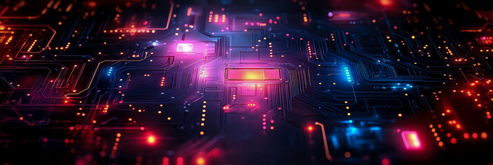Fototapeta premium A vibrant circuit board illuminated by colorful lights showcases intricate connections and pathways, resembling a high-tech digital landscape