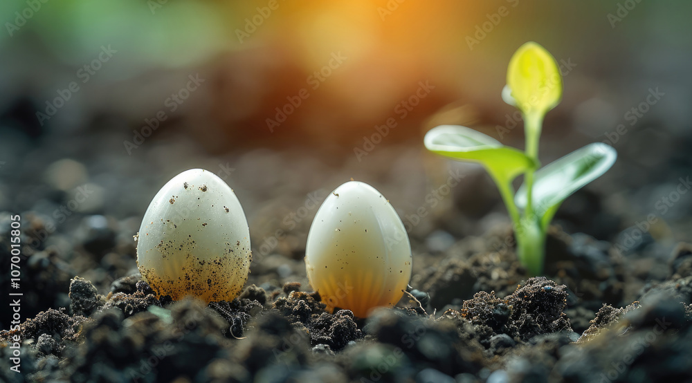 Aufkleber The seed is visible on the soil. It is before sprouting. It must emerge from the soil.