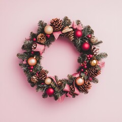 Christmas Wreath Made of Tree Branches with Golden and Red Balls, Ribbons, and Cones