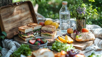 Fototapeta premium Vegan picnic with sandwiches fruit and ecofriendly backdrop for Veganuary