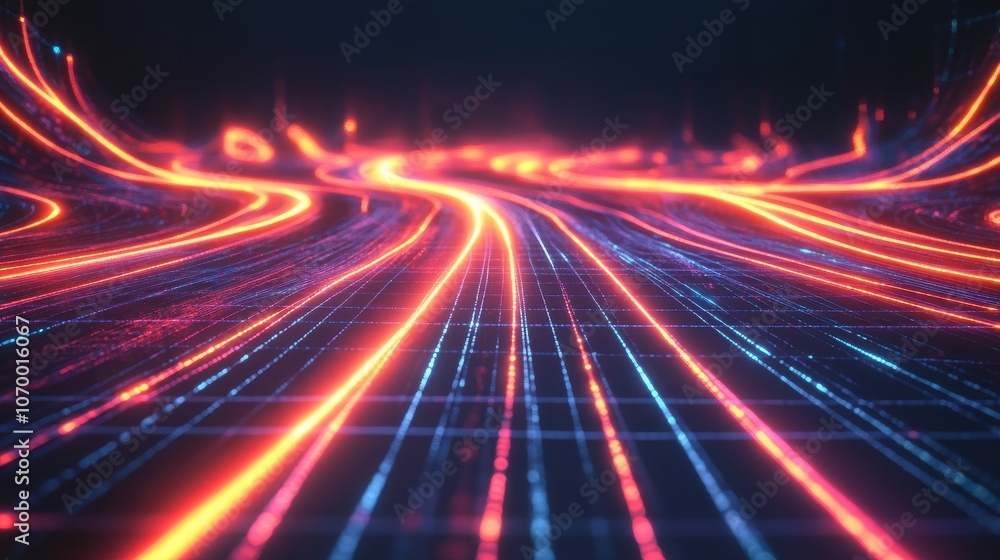 Poster a vibrant abstract scene featuring glowing neon lines on a grid, creating a futuristic and dynamic a