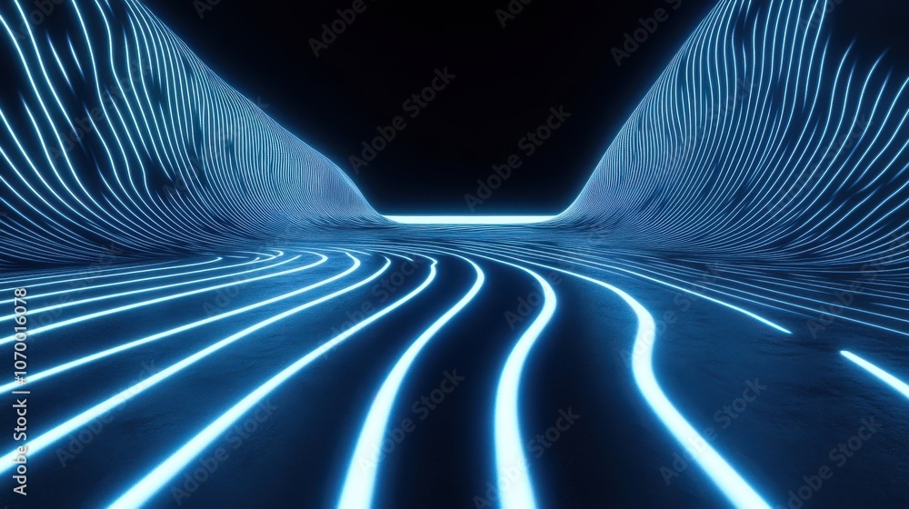 Poster a futuristic scene showcasing glowing blue lines creating dynamic waves, evoking a sense of movement