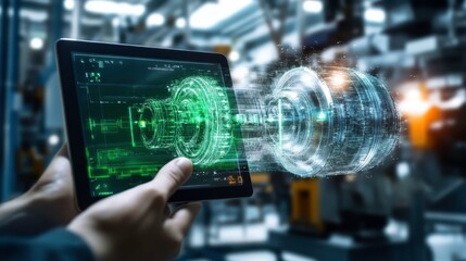 Innovative technology concept with tablet displaying holographic machinery. image showcases futuristic industrial setting, emphasizing digital transformation and engineering