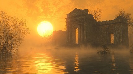 Naklejka premium Ancient Ruins at Sunset with Fog and Water