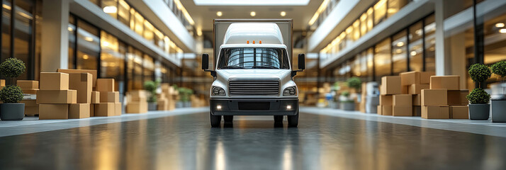 Fototapeta premium A delivery truck is parked inside a spacious warehouse filled with neatly stacked boxes, highlighting an organized logistics environment