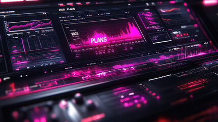 Obraz premium A dynamic control panel showcases colorful graphs and data analytics with the word Plans prominently featured, focusing on the year 2035