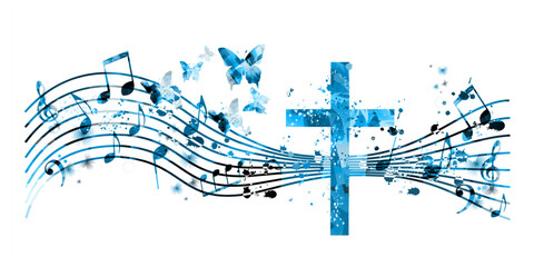 Colorful christian cross with music notes isolated vector illustration. Religion themed background. Design for gospel church music, choir singing, concert, festival, Christianity, prayer	