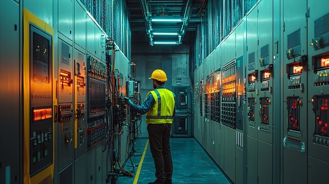 Electrical Engineer Inspecting Electrical Panels in a Power Plant.
