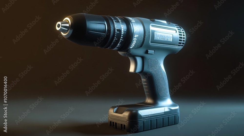 Poster a cordless power drill resting on a surface, showcasing its design and functionality.