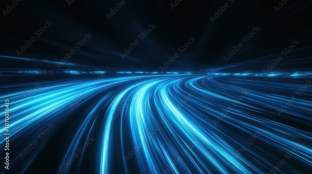 Poster abstract image featuring dynamic blue light trails on a dark background, conveying a sense of speed 