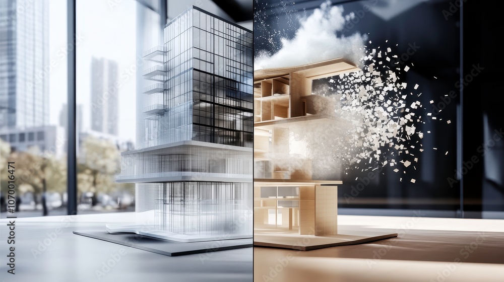 Poster split screen comparison showing traditional architectural model and dynamic, exploding design concep