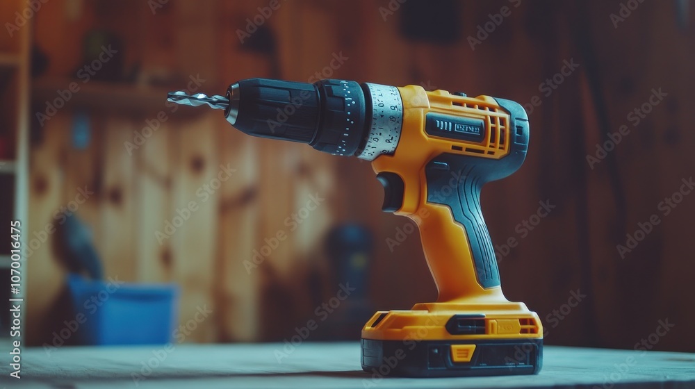 Poster a cordless drill placed on a workbench, showcasing its design and functionality for diy tasks.