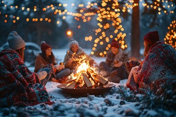 Friends Gather Around A Bonfire In The Snow.