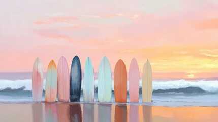 Row of surfboards lined up on a beach at sunset; soft pastel colors and calming seaside ambiance