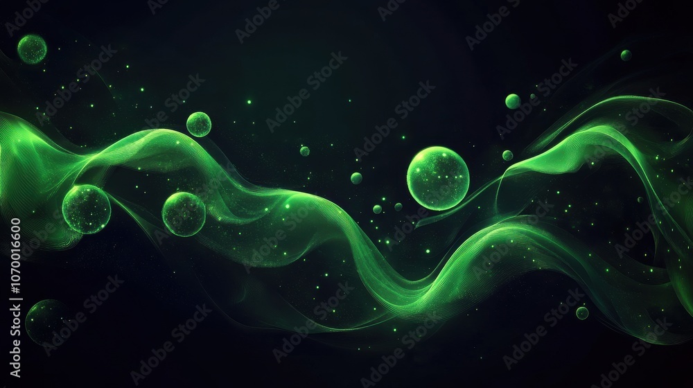 Poster a mesmerizing abstraction featuring flowing green waves and floating bubbles, creating a dreamlike u