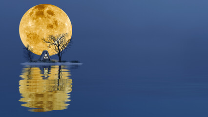 A yellow full moon rises over a cottage and tree silhouette in a lake (3D Rendering)