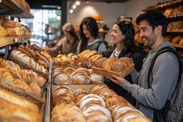 Happy Customers Choosing Fresh Bread at Bakery.