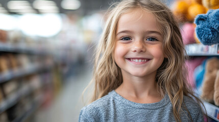 A young girl with long hair beams joyfully while enjoying her time exploring a toy store filled with soft toys and playful items