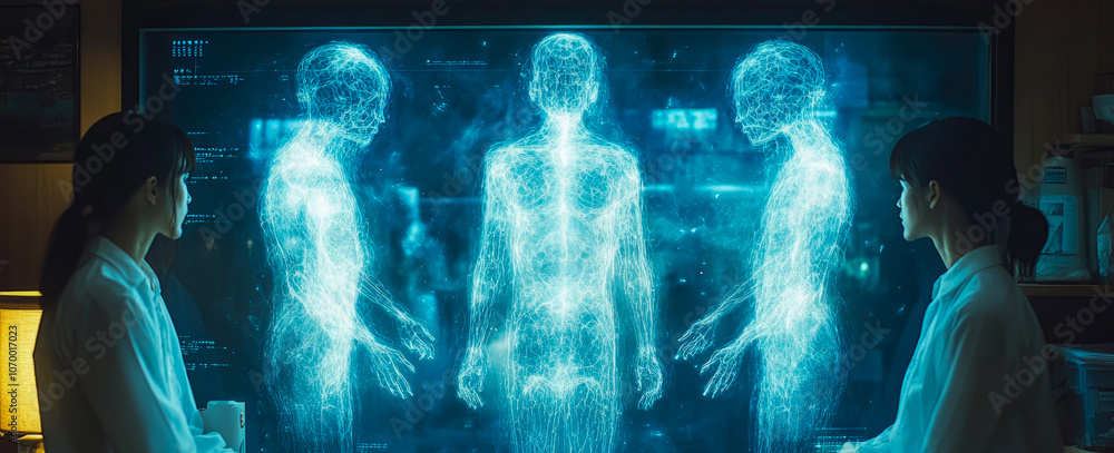 Poster two researchers observe and discuss holographic representations of human anatomy in a high-tech labo