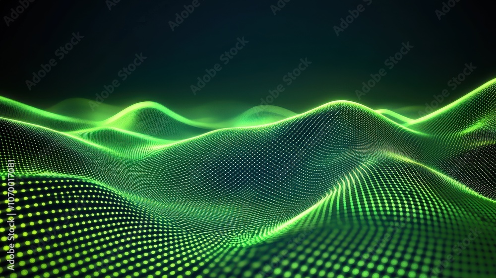 Poster abstract digital landscape with glowing green waves and dots, creating a futuristic and dynamic atmo