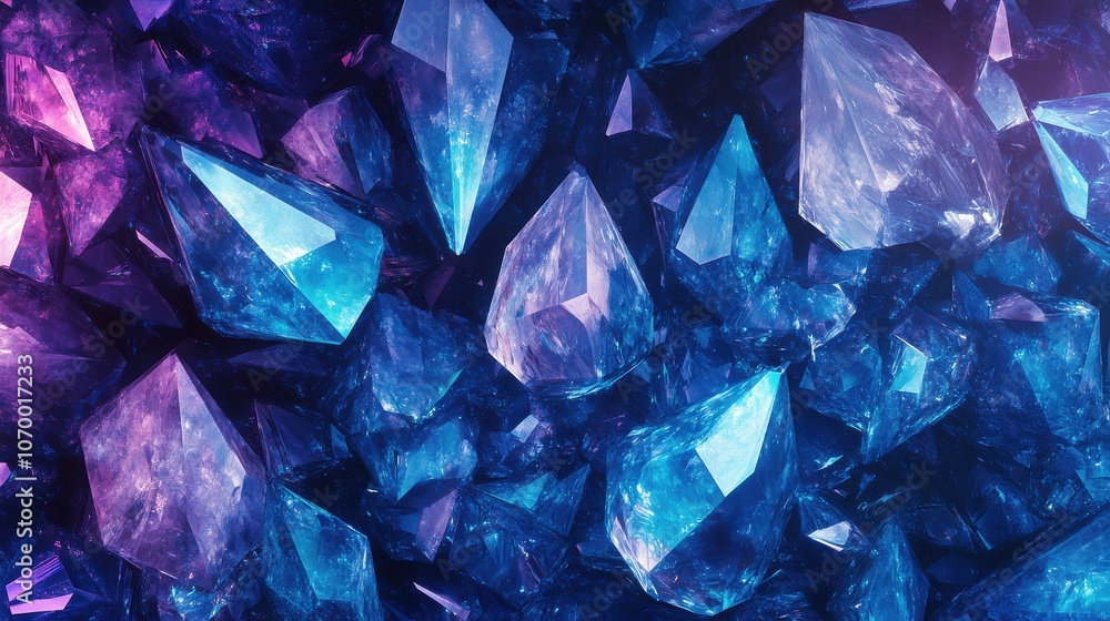 Poster a stunning array of sparkling blue and purple crystals, reflecting light in a mesmerizing display.