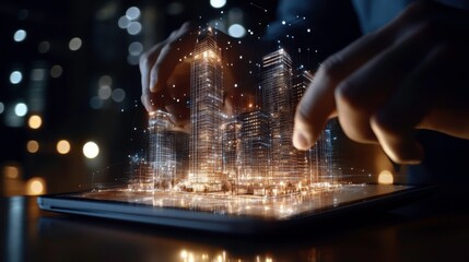 digital dashboard showcasing futuristic urban landscape model with skyscrapers, greenery, and data visualizations. This innovative design emphasizes sustainability and technology