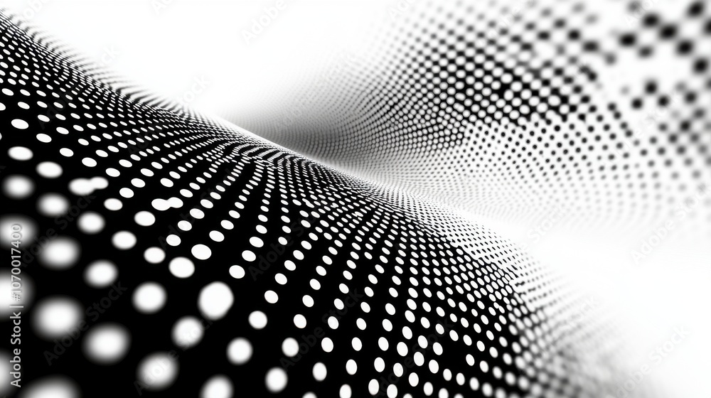 Poster abstract black and white pattern with circular dots creating a flowing, dynamic effect.